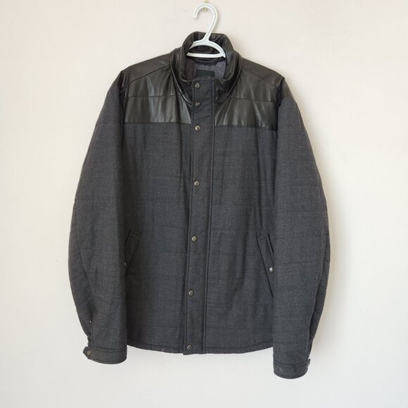 Vince Men's Super Wool Blend Flannel Quilt Lamb Leather Trim Jacket Black Grey